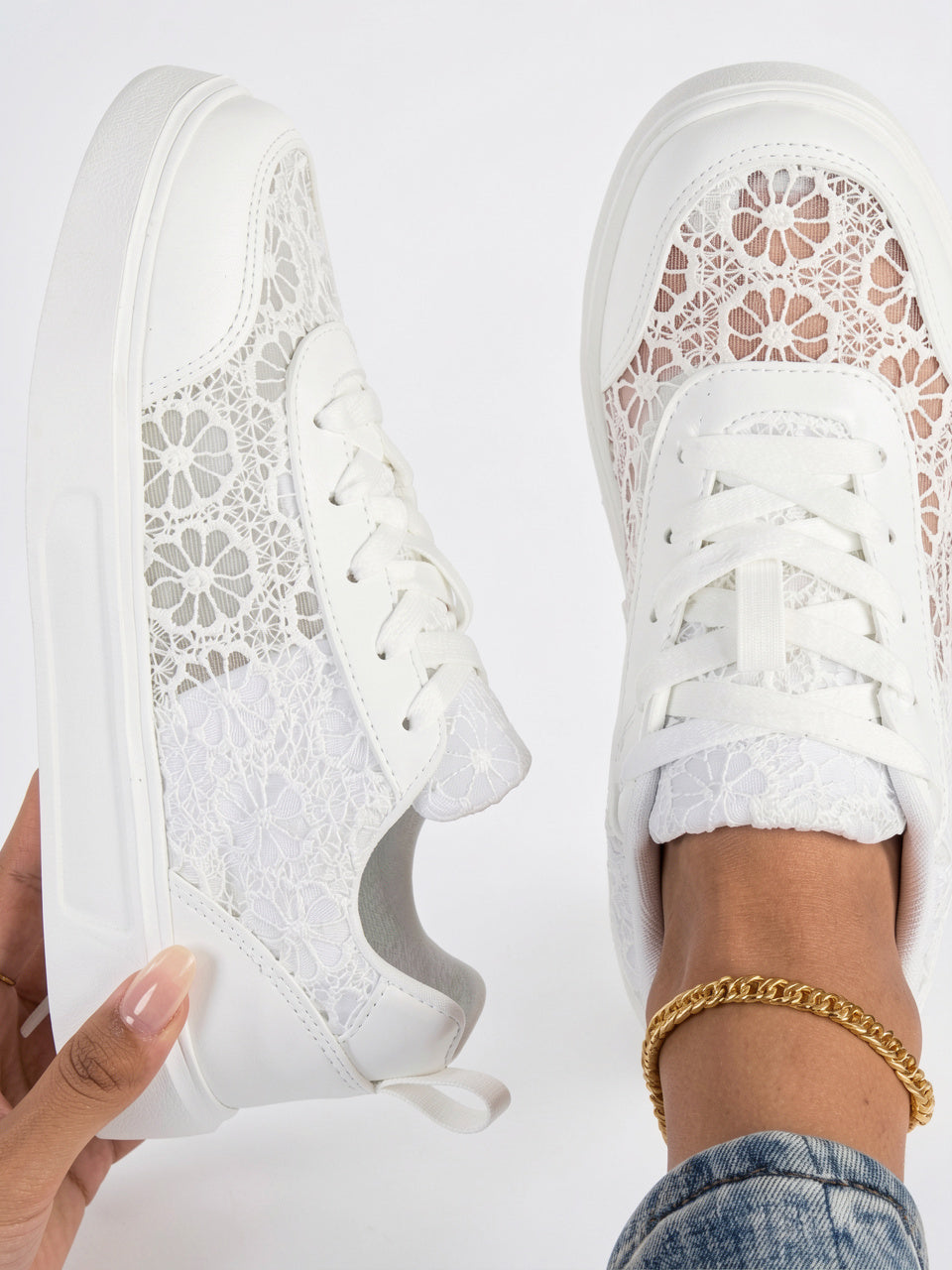 Baskets Femme Lacets Panneaux Dentelle Plat Basses Été - Blanc EU 36 / US 5 / UK 3.5