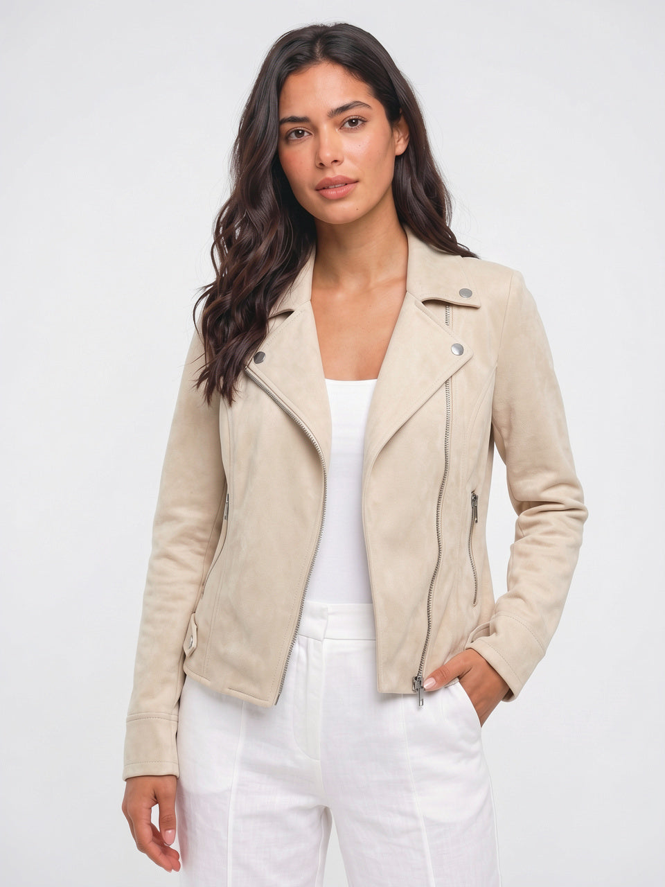 Blazer Ajusté à Revers Femme Veste Cuir Végan - Beige S