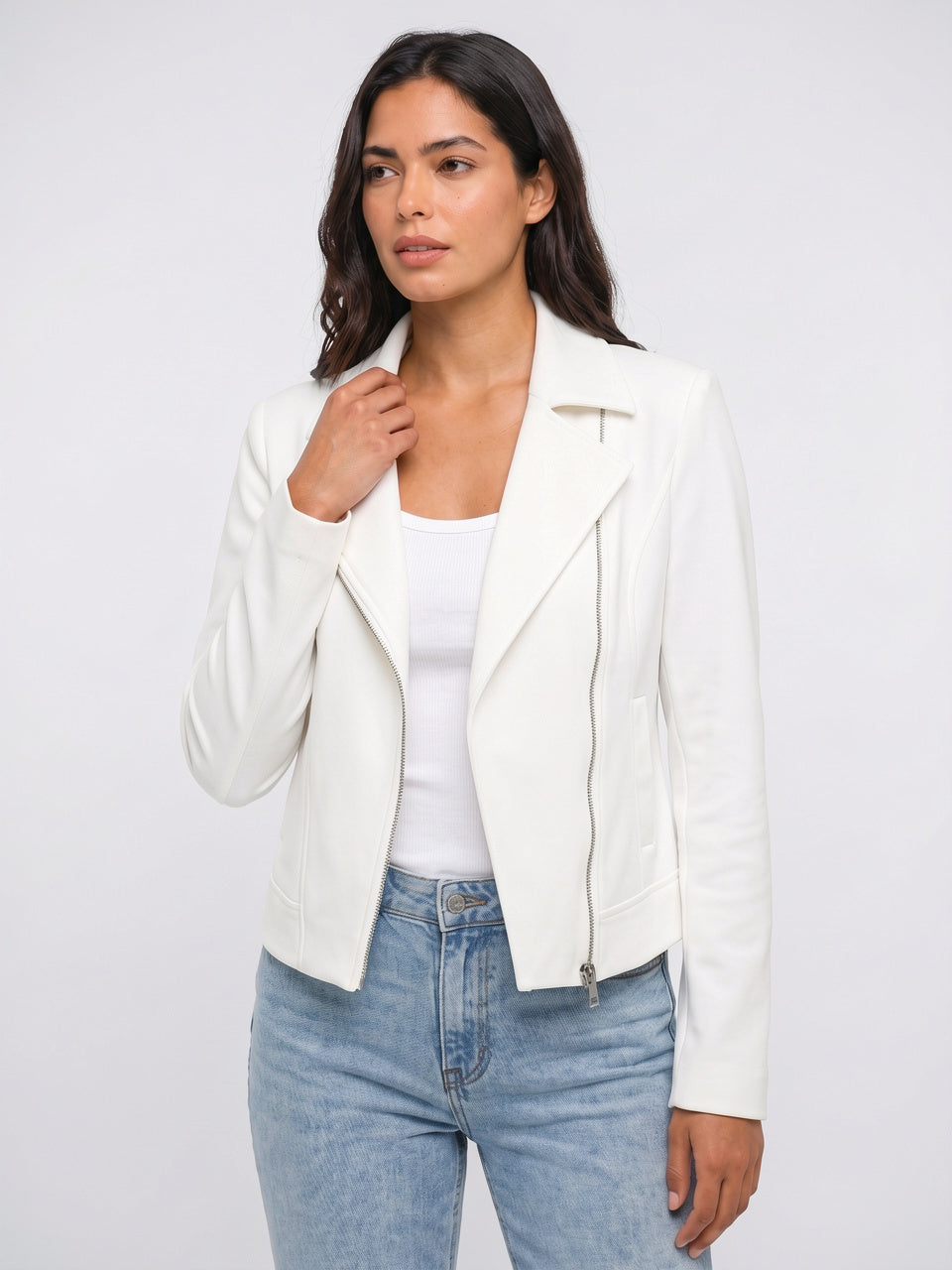 Blazer Ajusté à Revers Femme Veste Cuir Végan - Blanc S