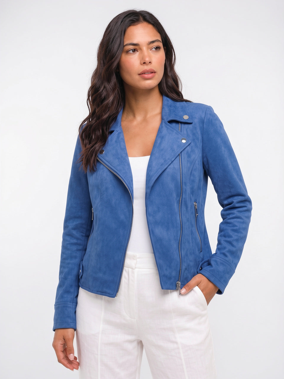 Blazer Ajusté à Revers Femme Veste Cuir Végan - Bleu S