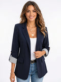 Blazer Boutons Manches 3/4 Contrast Rollée Femme Tailleur - Bleu Marine S