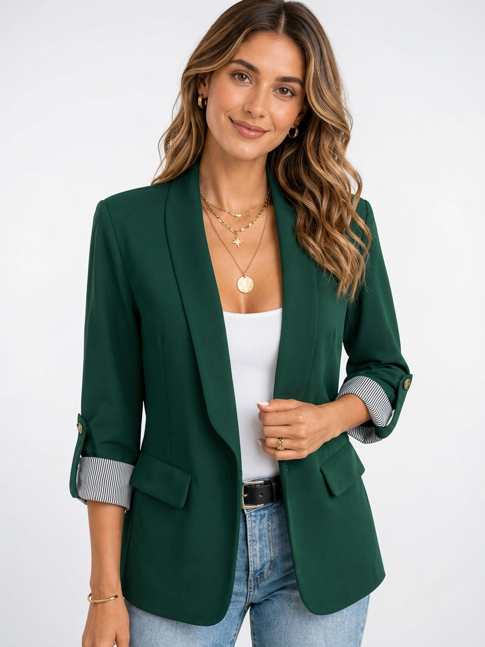 Blazer Boutons Manches 3/4 Contrast Rollée Femme Tailleur - Vert Foncé S
