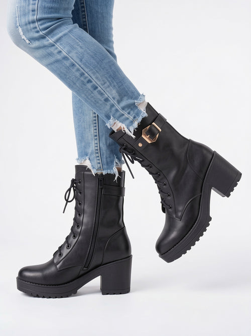 Bottes Combat Lacées Cheville Plateforme Femme Cuir Végan - 1