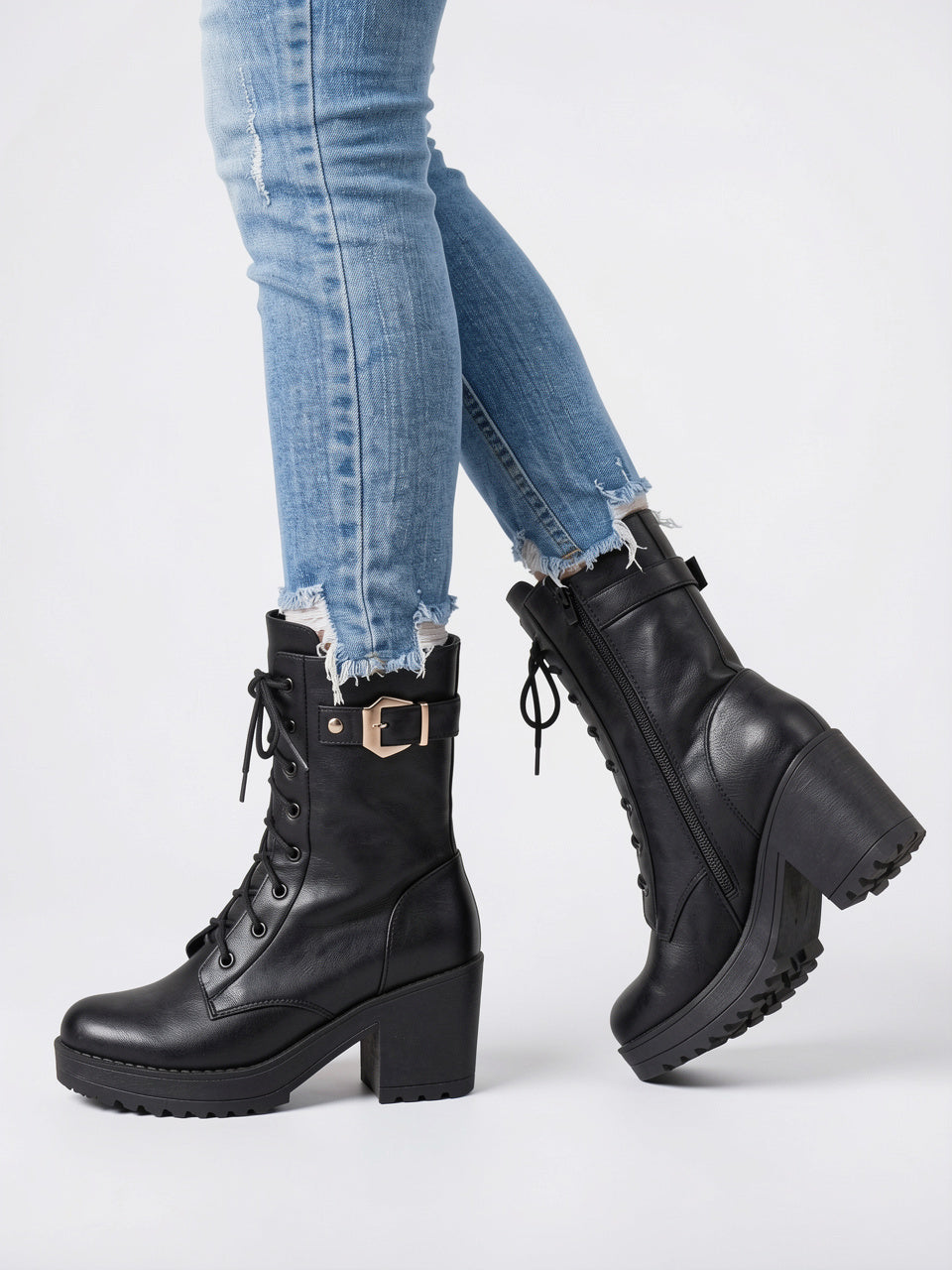Bottes Combat Lacées Cheville Plateforme Femme Cuir Végan - 2