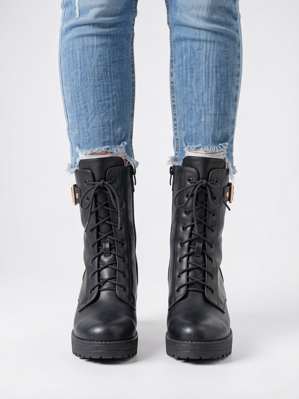 Bottes Combat Lacées Cheville Plateforme Femme Cuir Végan - 3