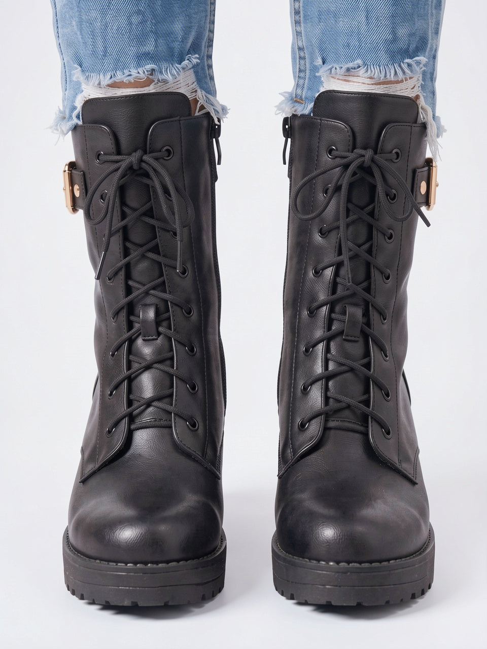 Bottes Combat Lacées Cheville Plateforme Femme Cuir Végan - 4