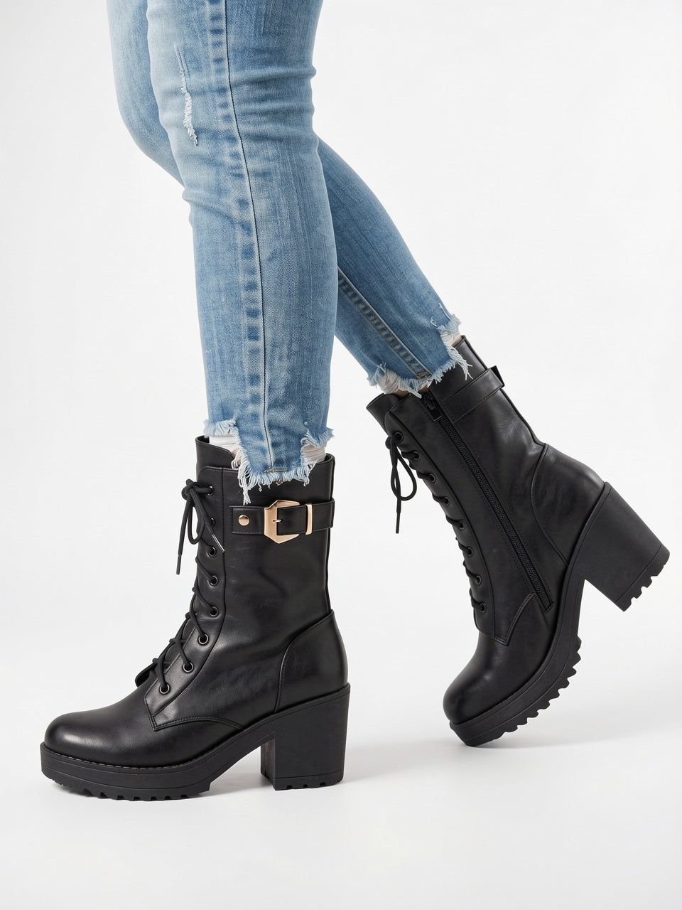 Bottes Combat Lacées Cheville Plateforme Femme Cuir Végan - Black Ankle Strap EU 36 / US 5 / UK 3.5