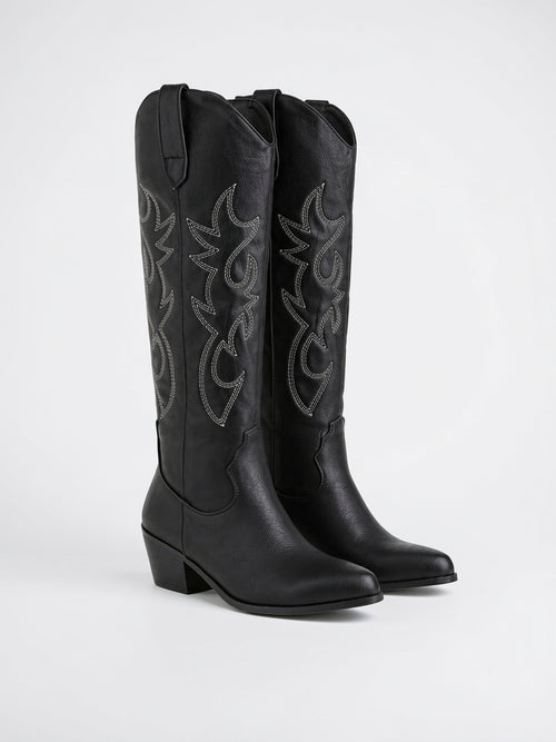 Bottes Cowboy Brodées Genou Femme Western Talon - Noir EU 34 / US 3 / UK 1.5