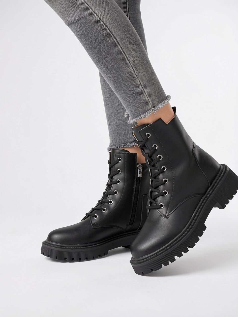 Bottes Lacées Cuir Végan Femme Éclair Latéral - 2
