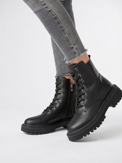 Bottes Lacées Cuir Végan Femme Éclair Latéral - 2