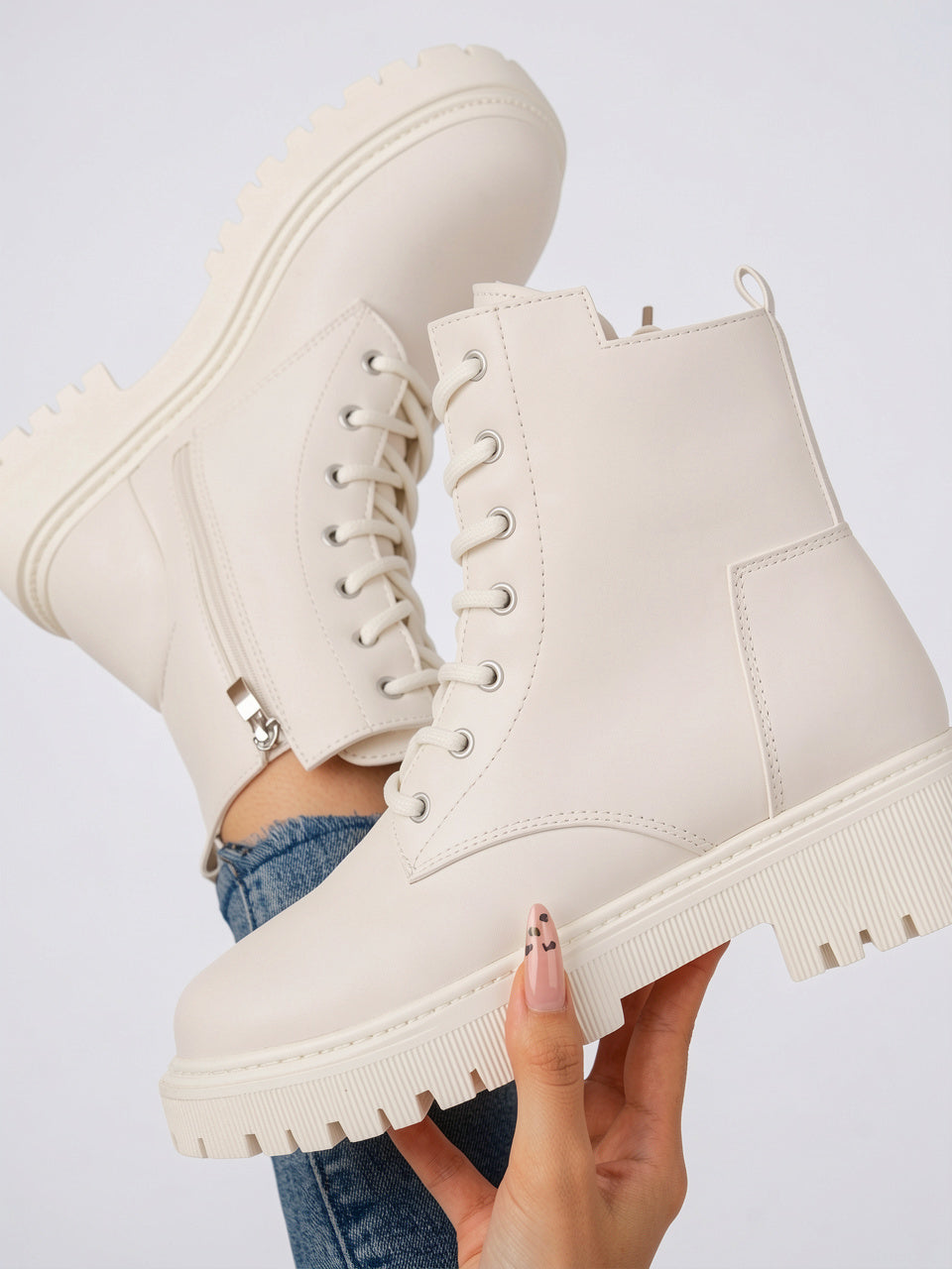 Bottes Lacées Cuir Végan Femme Éclair Latéral - Blanc EU 36 / US 5 / UK 3.5