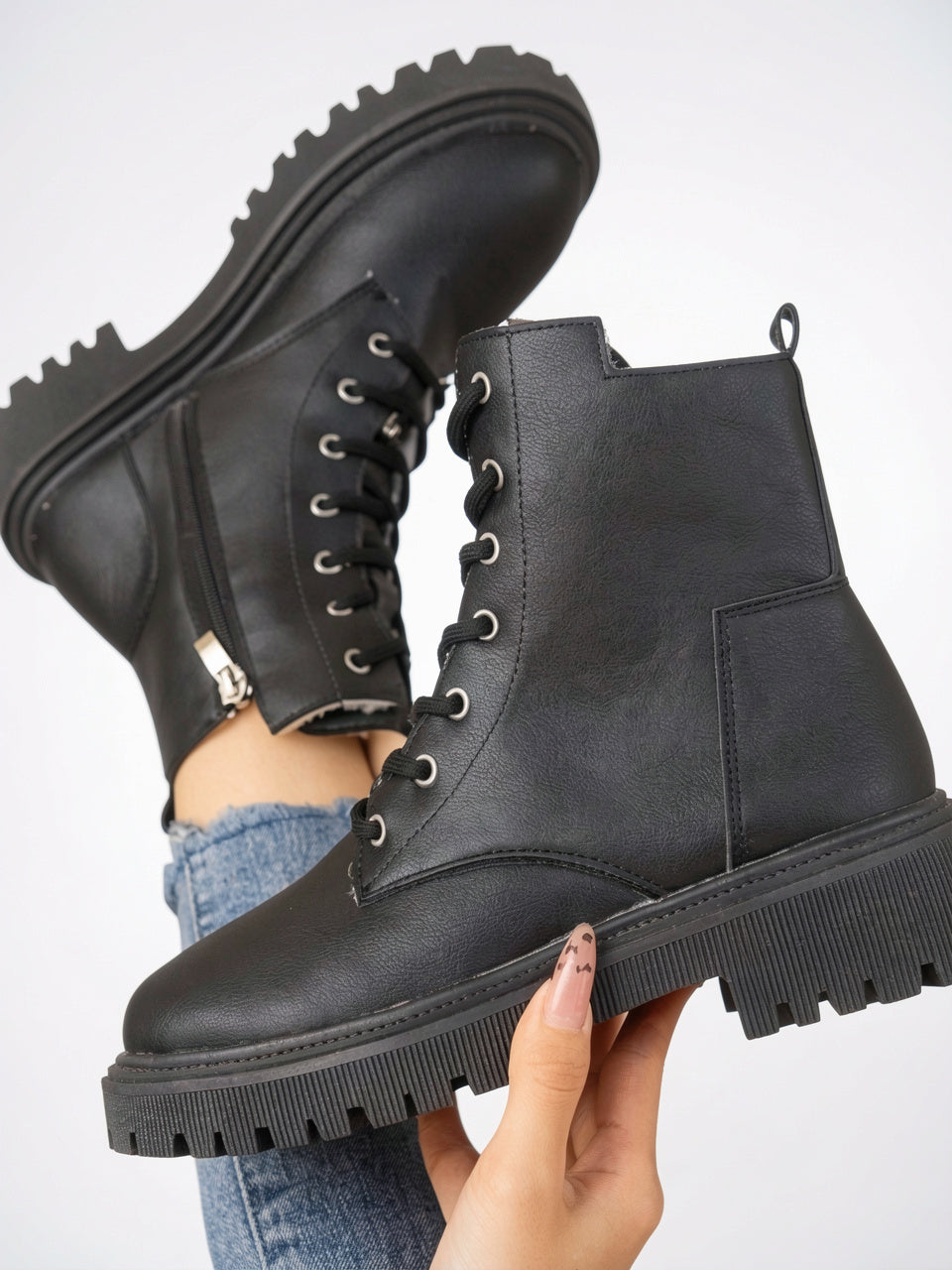 Bottes Lacées Cuir Végan Femme Éclair Latéral - Noir EU 36 / US 5 / UK 3.5