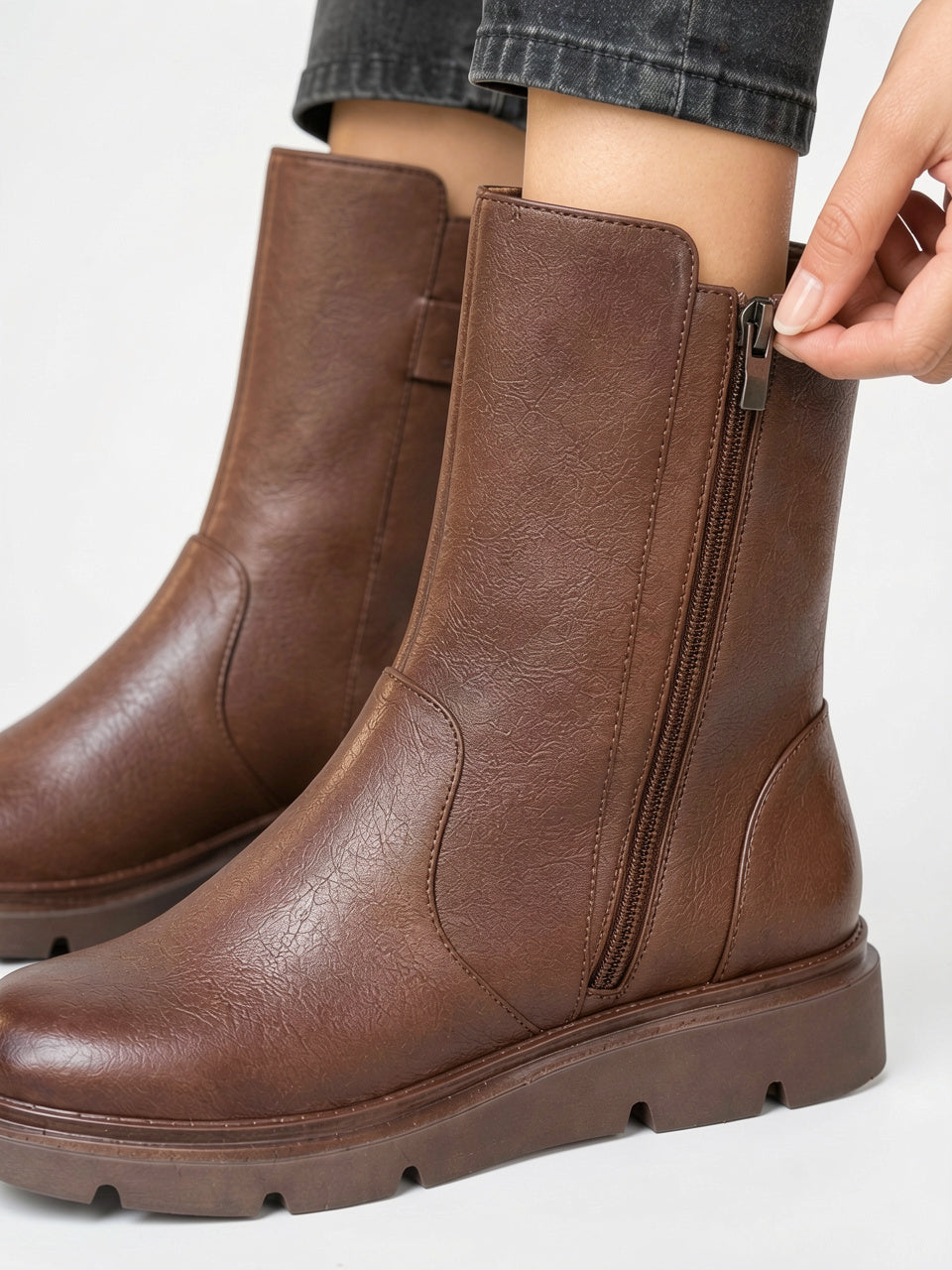 Bottes Plateforme Mi-Mollet Cuir Végan Éclair Latéral - 2