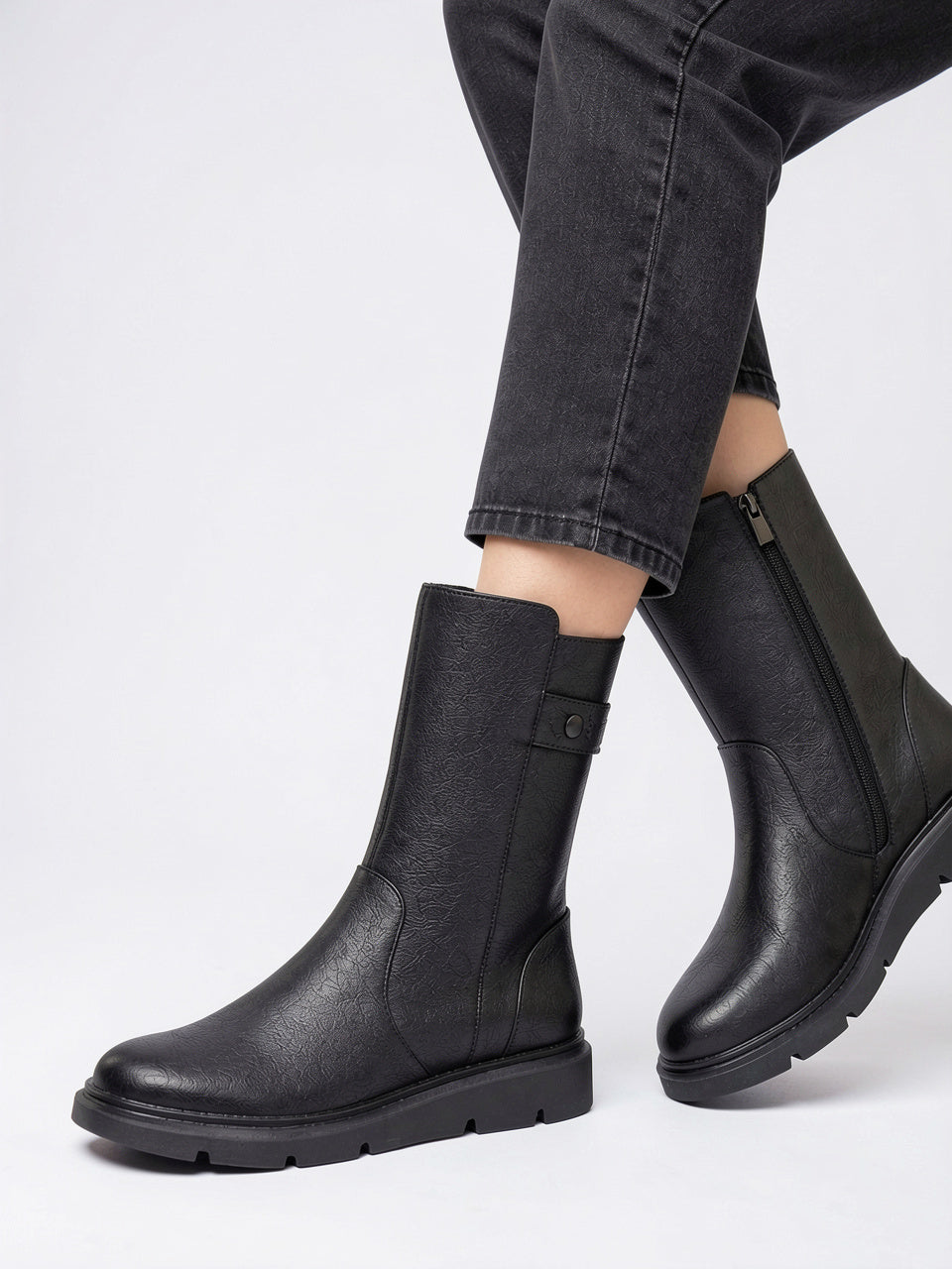 Bottes Plateforme Mi-Mollet Cuir Végan Éclair Latéral - Noir EU 35 / US 4 / UK 2.5
