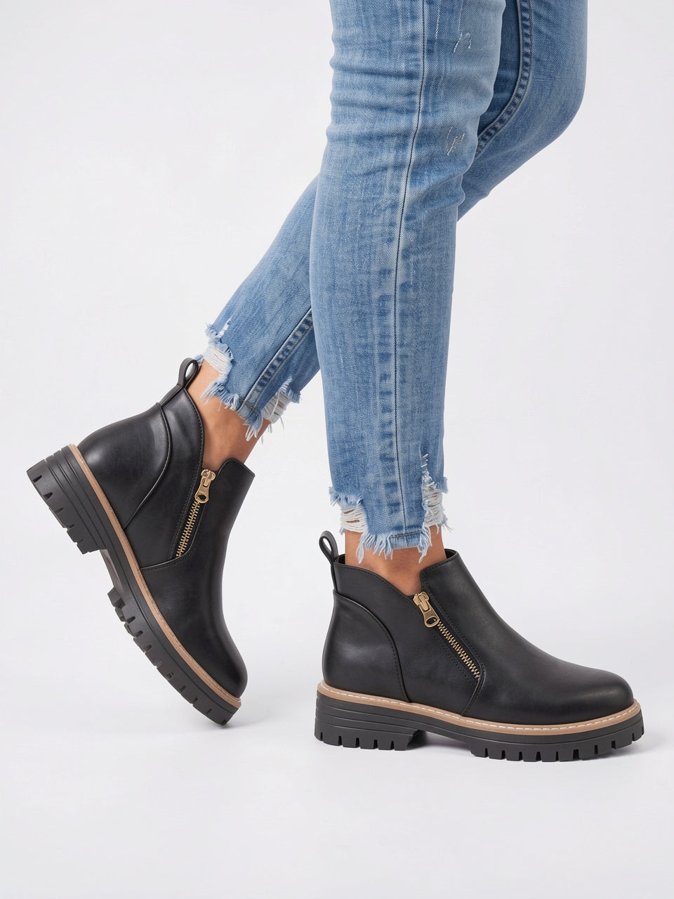 Bottines Chelsea Femme Cuir Plateforme Zip Hiver Étanches - Noir EU 34 / US 3 / UK 2
