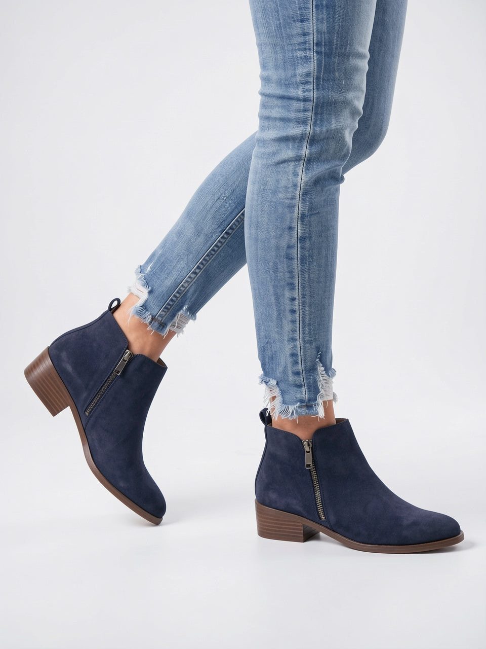 Bottines Cheville Cuir Femme Éclair Latéral Talon Kitten - Bleu EU 34 / US 3 / UK 1.5