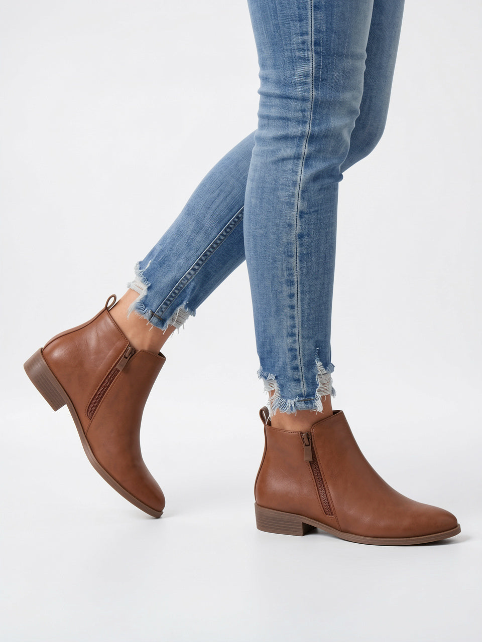 Bottines Cheville Cuir Femme Éclair Latéral Talon Kitten - Marron EU 34 / US 3 / UK 1.5