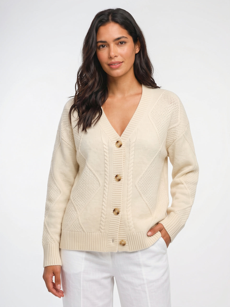 Cardigan Cachemire Femme Col V Boutonné - Beige XS