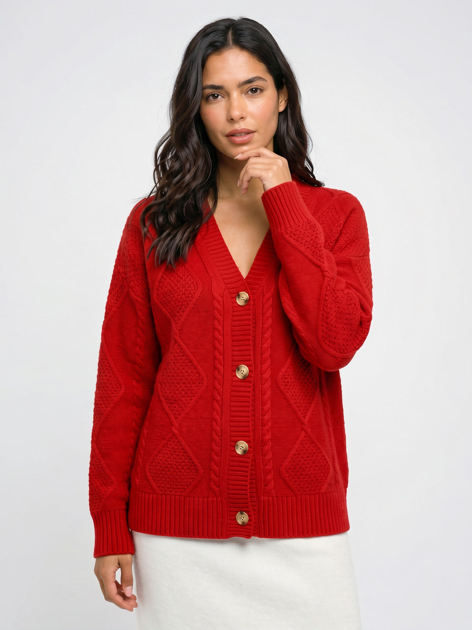 Cardigan Cachemire Femme Col V Boutonné - Rouge XS