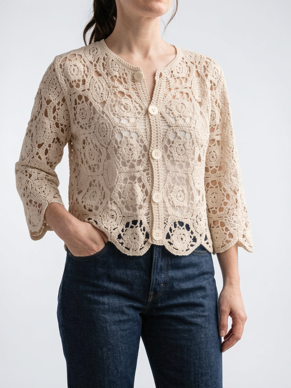 Cardigan Crochet Femme Maille Léger Boutonné Été - 4