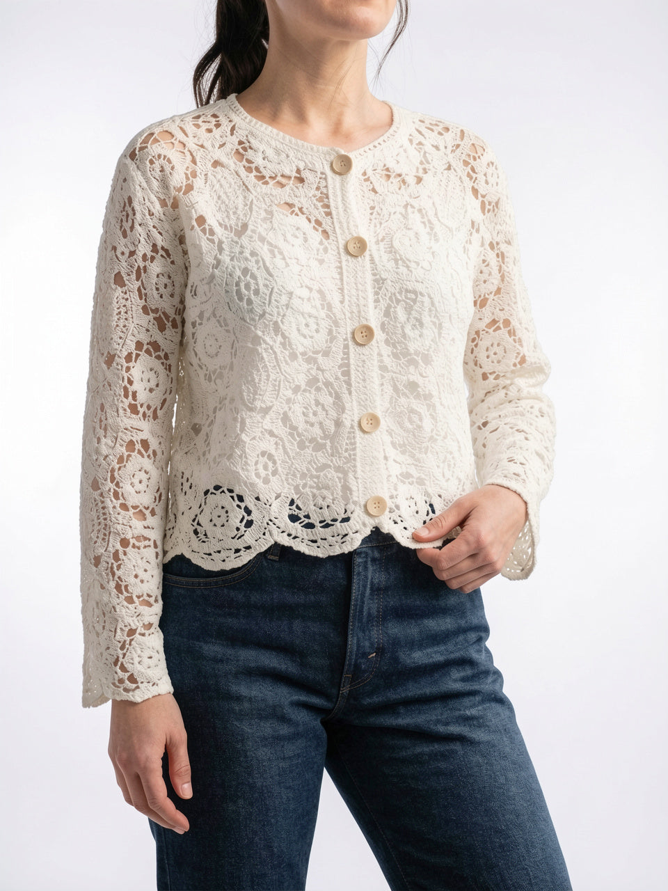 Cardigan Crochet Femme Maille Léger Boutonné Été - Blanc XS