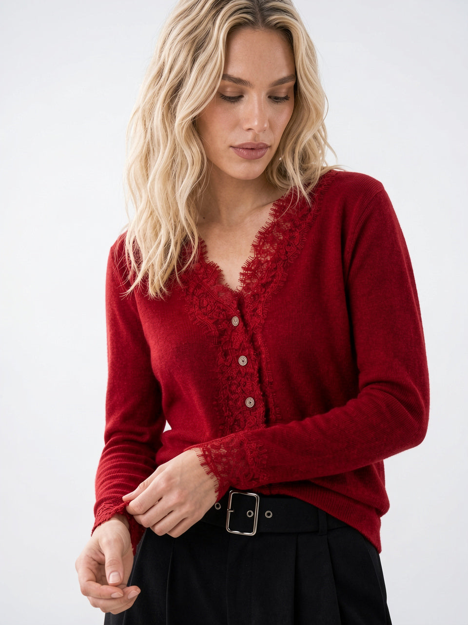 Cardigan Dentelle Cachemire Col V Femme - 15