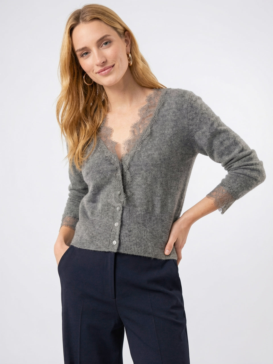 Cardigan Dentelle Cachemire Col V Femme - 25