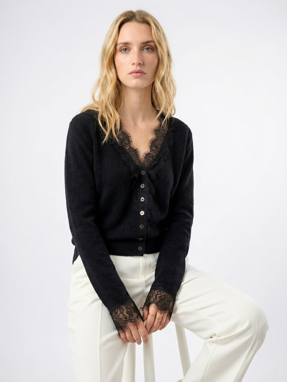 Cardigan Dentelle Cachemire Col V Femme - 28
