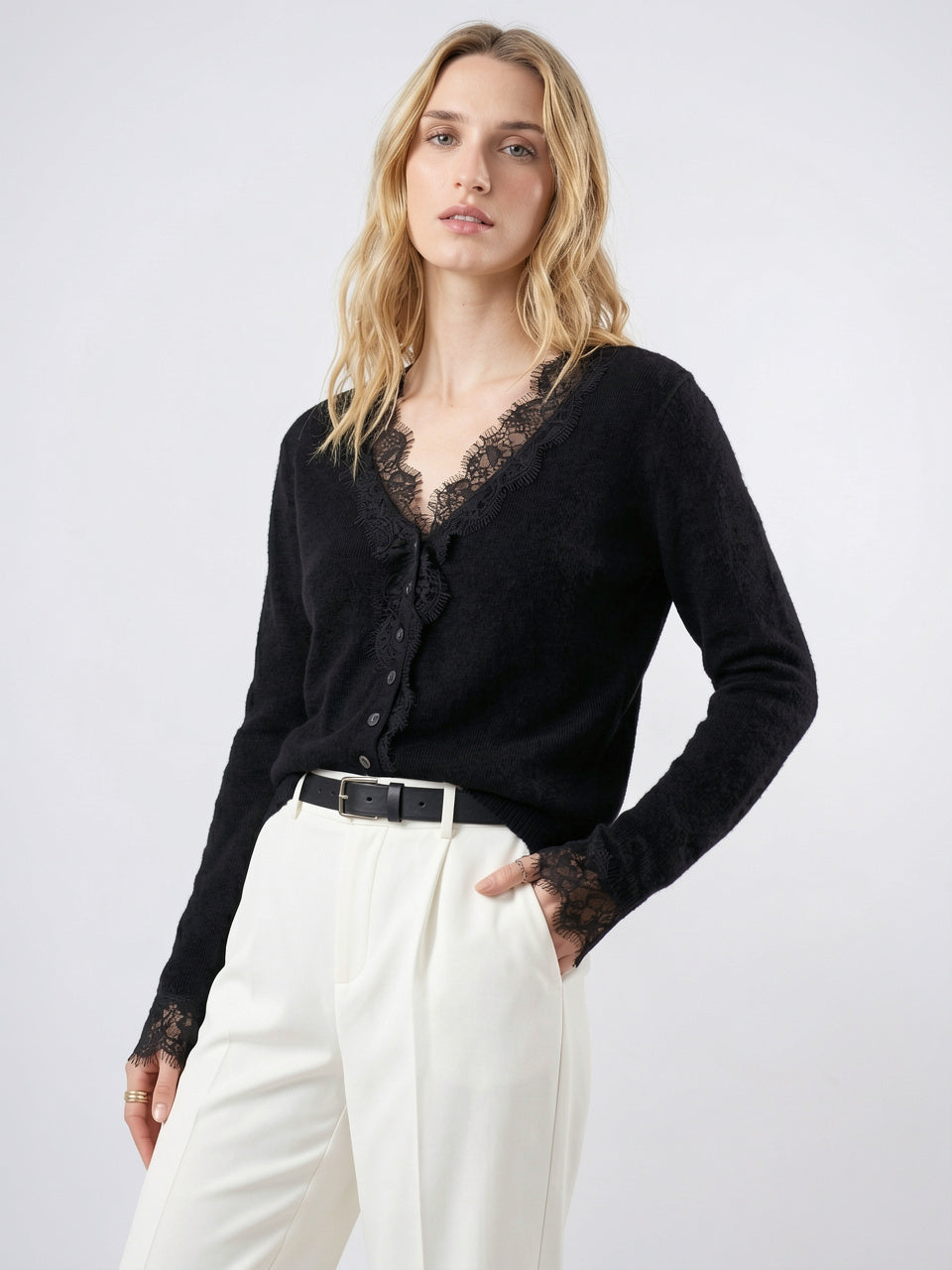 Cardigan Dentelle Cachemire Col V Femme - 30