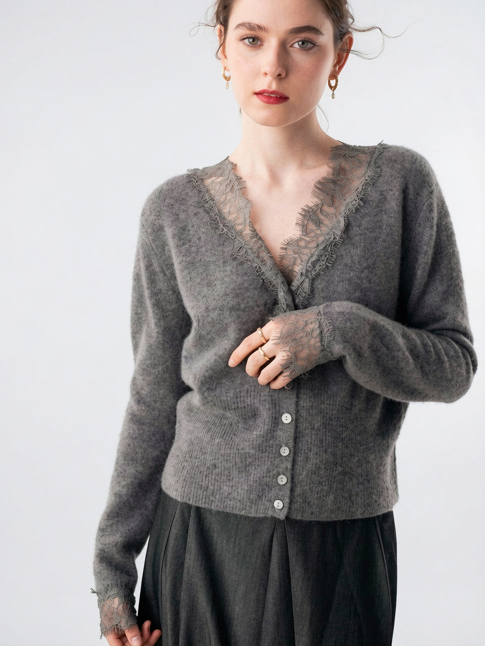 Cardigan Dentelle Cachemire Col V Femme - 34