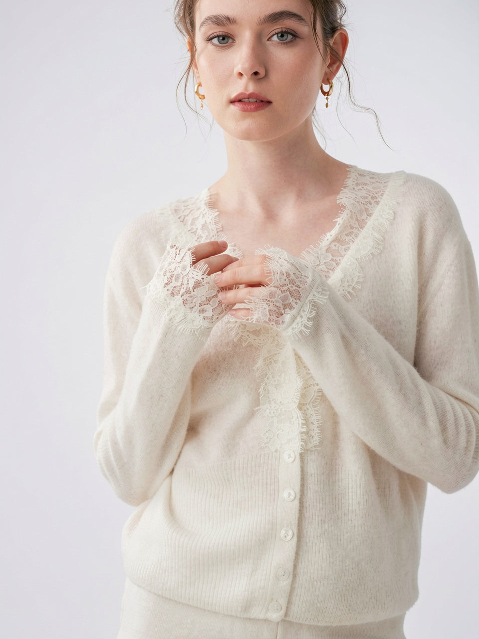Cardigan Dentelle Cachemire Col V Femme - 36