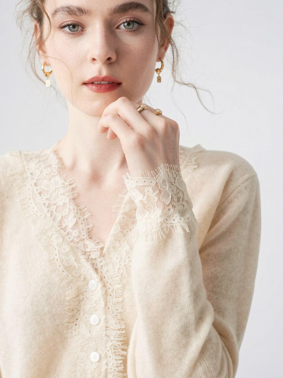 Cardigan Dentelle Cachemire Col V Femme - 37