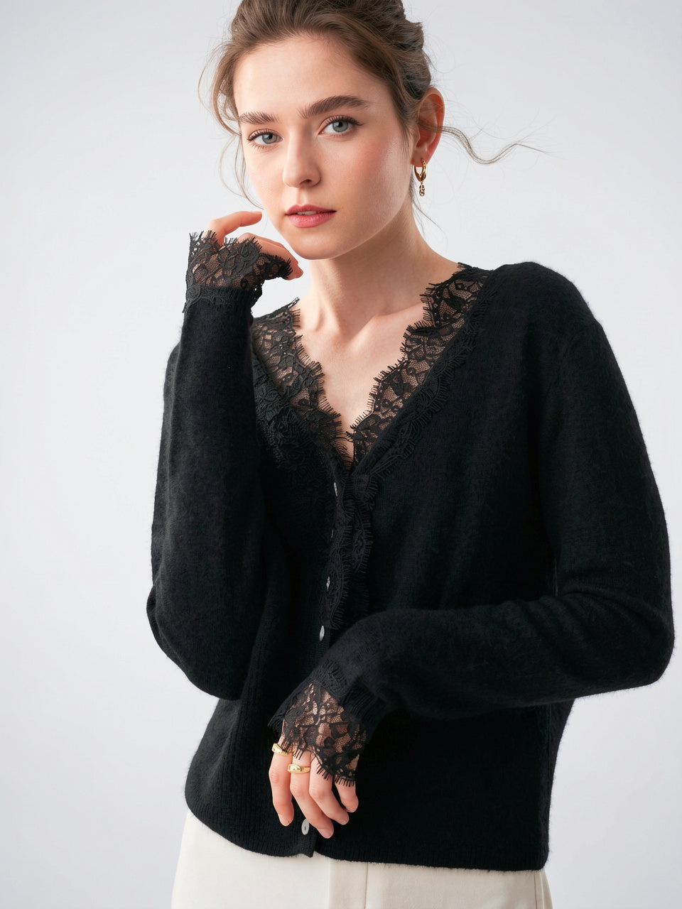 Cardigan Dentelle Cachemire Col V Femme - 38