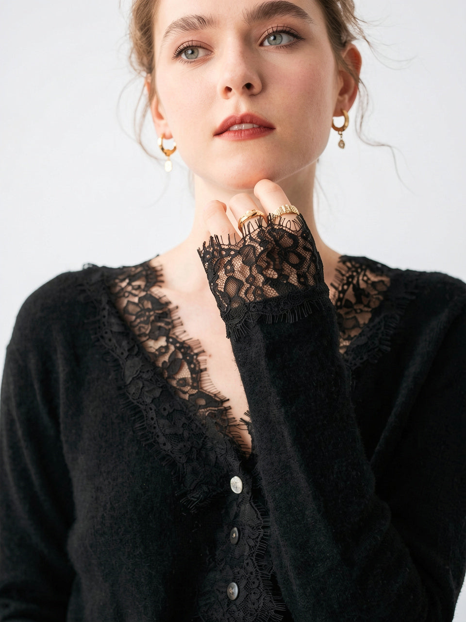 Cardigan Dentelle Cachemire Col V Femme - 39