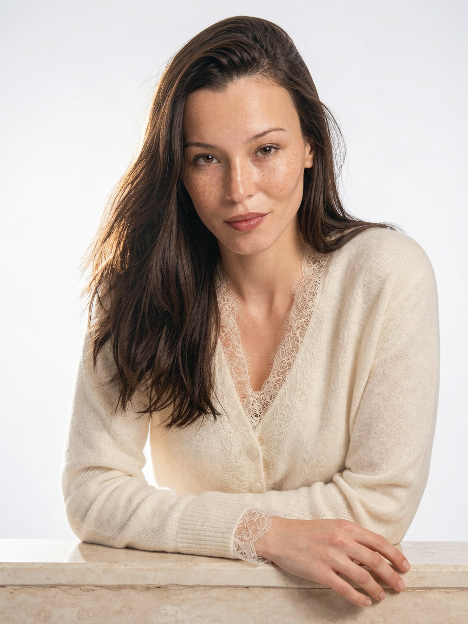 Cardigan Dentelle Cachemire Col V Femme - Blanc XS
