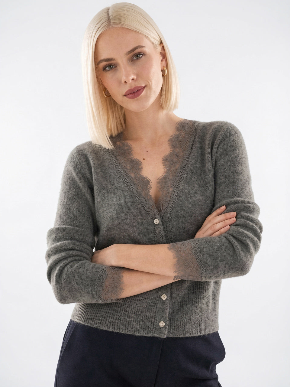 Cardigan Dentelle Cachemire Col V Femme - Gris XS