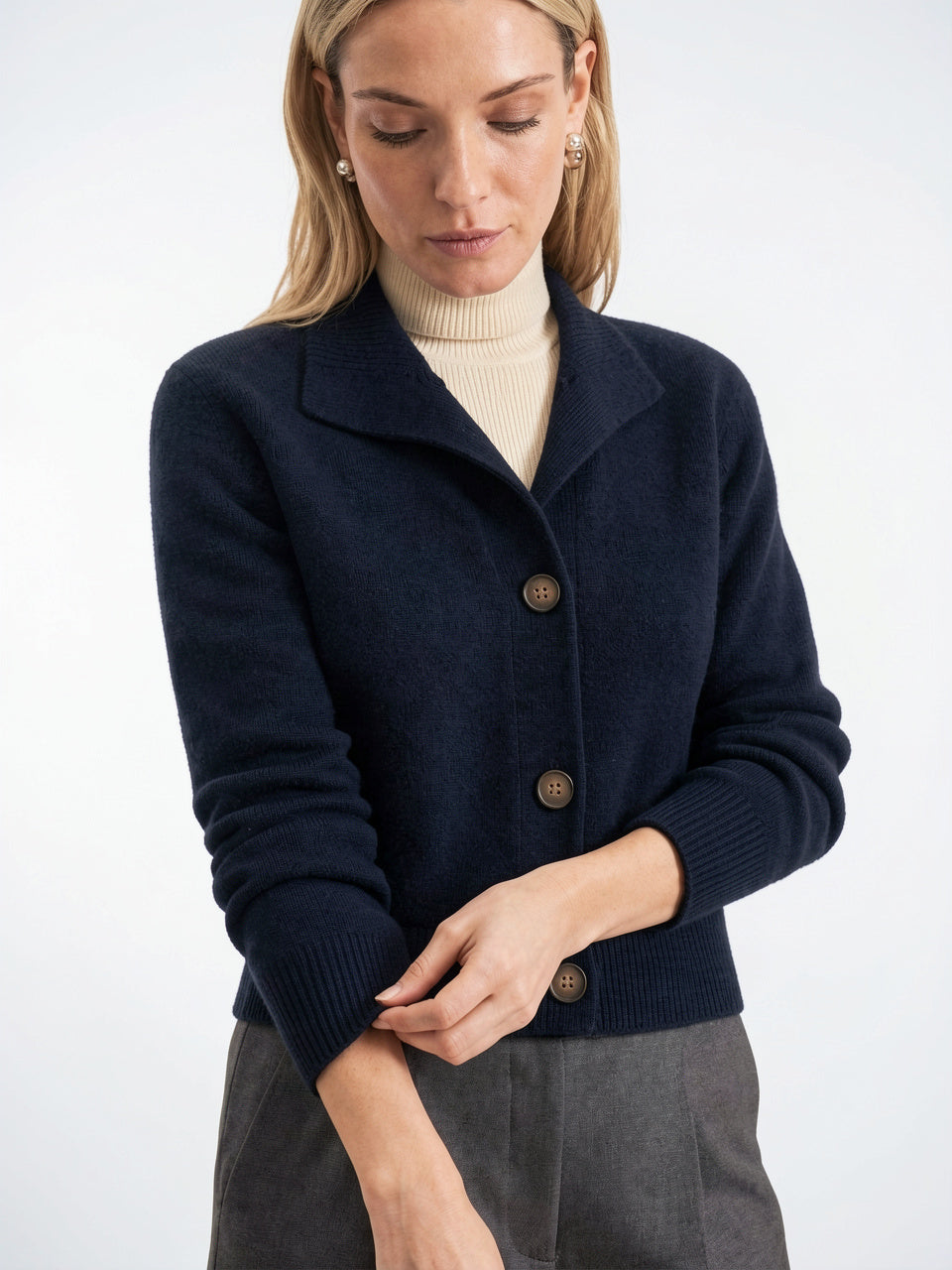 Cardigan en Cachemire Gilet Col Montant Pull Femme - Bleu Marine XS