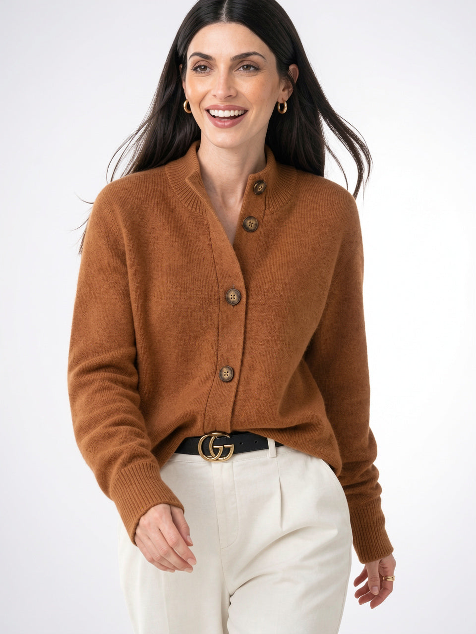 Cardigan en Cachemire Gilet Col Montant Pull Femme - Orange Vif XS