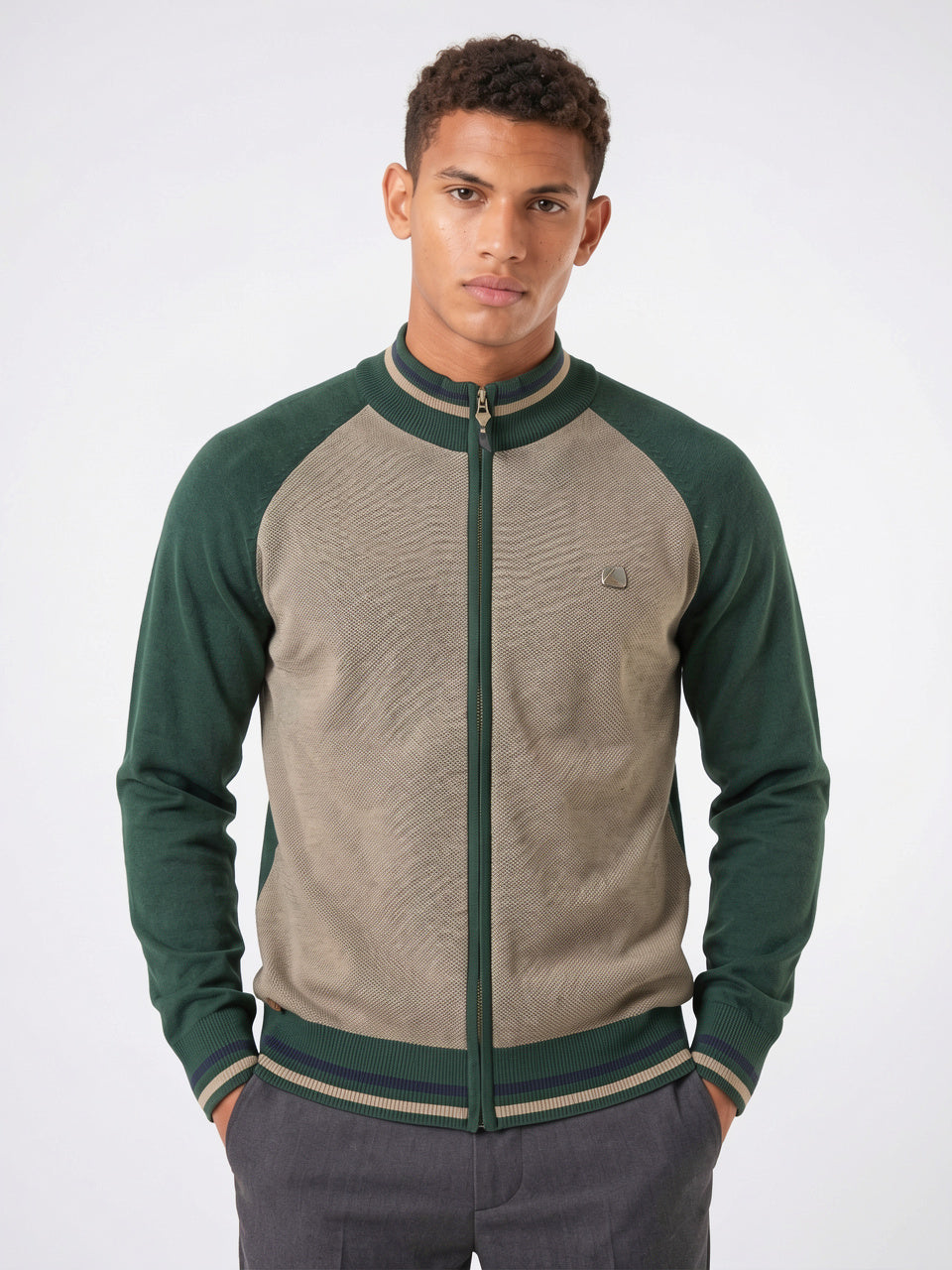 Cardigan en Coton Zippé Homme Col Montant Maille - Vert S