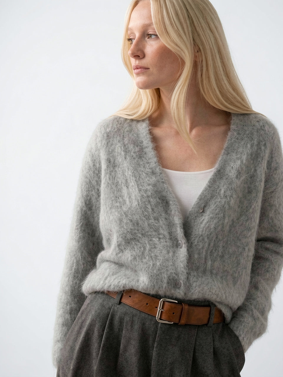Cardigan Gilet Femme Col V Boutonné Oversize - Fourrure Gris Clair XS