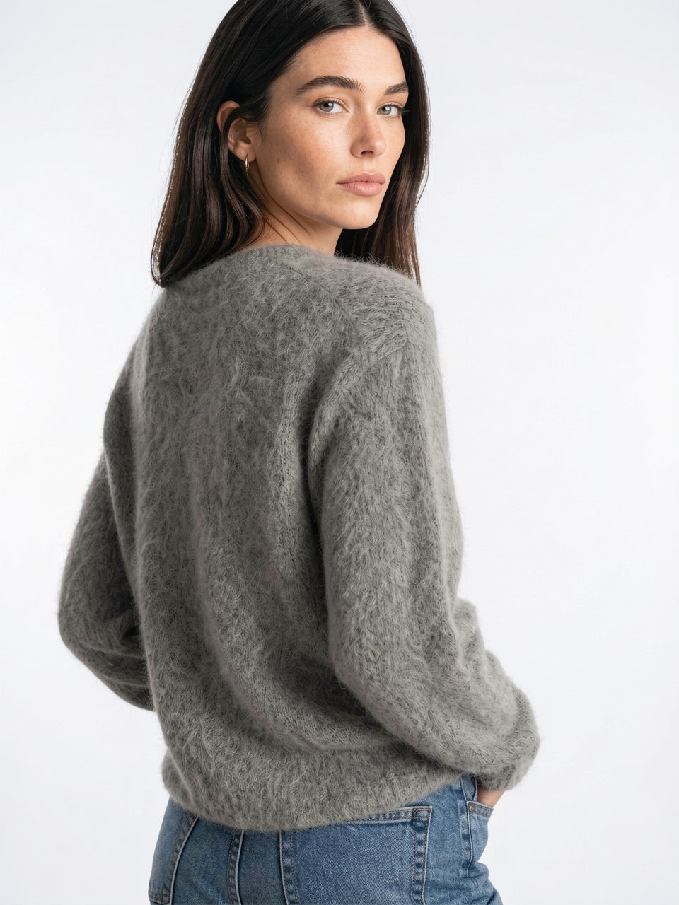 Cardigan Gilet Femme Col V Boutonné Oversize - Fourrure Gris XS