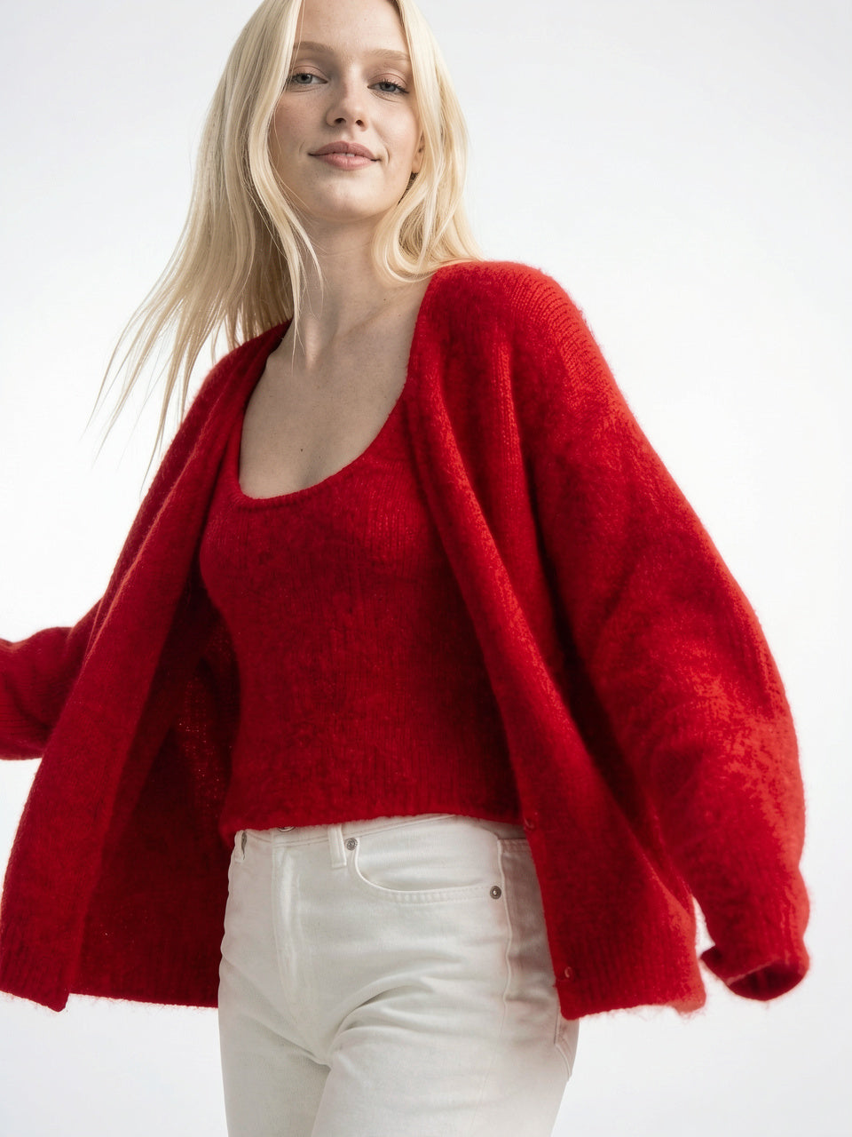 Cardigan Gilet Femme Col V Boutonné Oversize - Fourrure Rouge XS