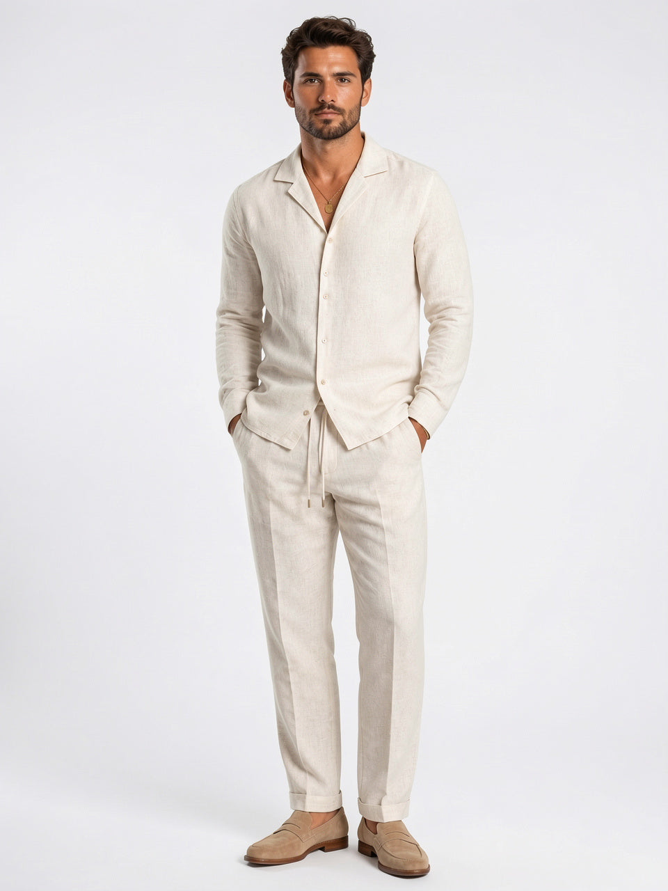 Chemise Pantalon 2 Pièces Lin Décontracté Ensemble Été - Beige S