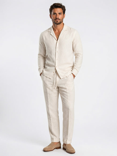 Chemise Pantalon 2 Pièces Lin Décontracté Ensemble Été - Beige S