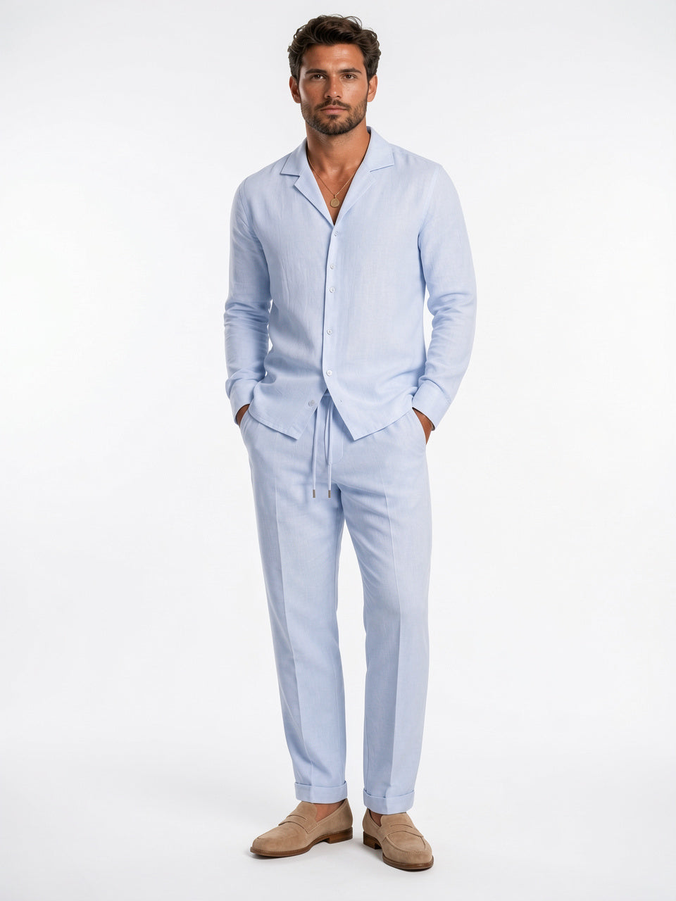 Chemise Pantalon 2 Pièces Lin Décontracté Ensemble Été - Bleu Clair S