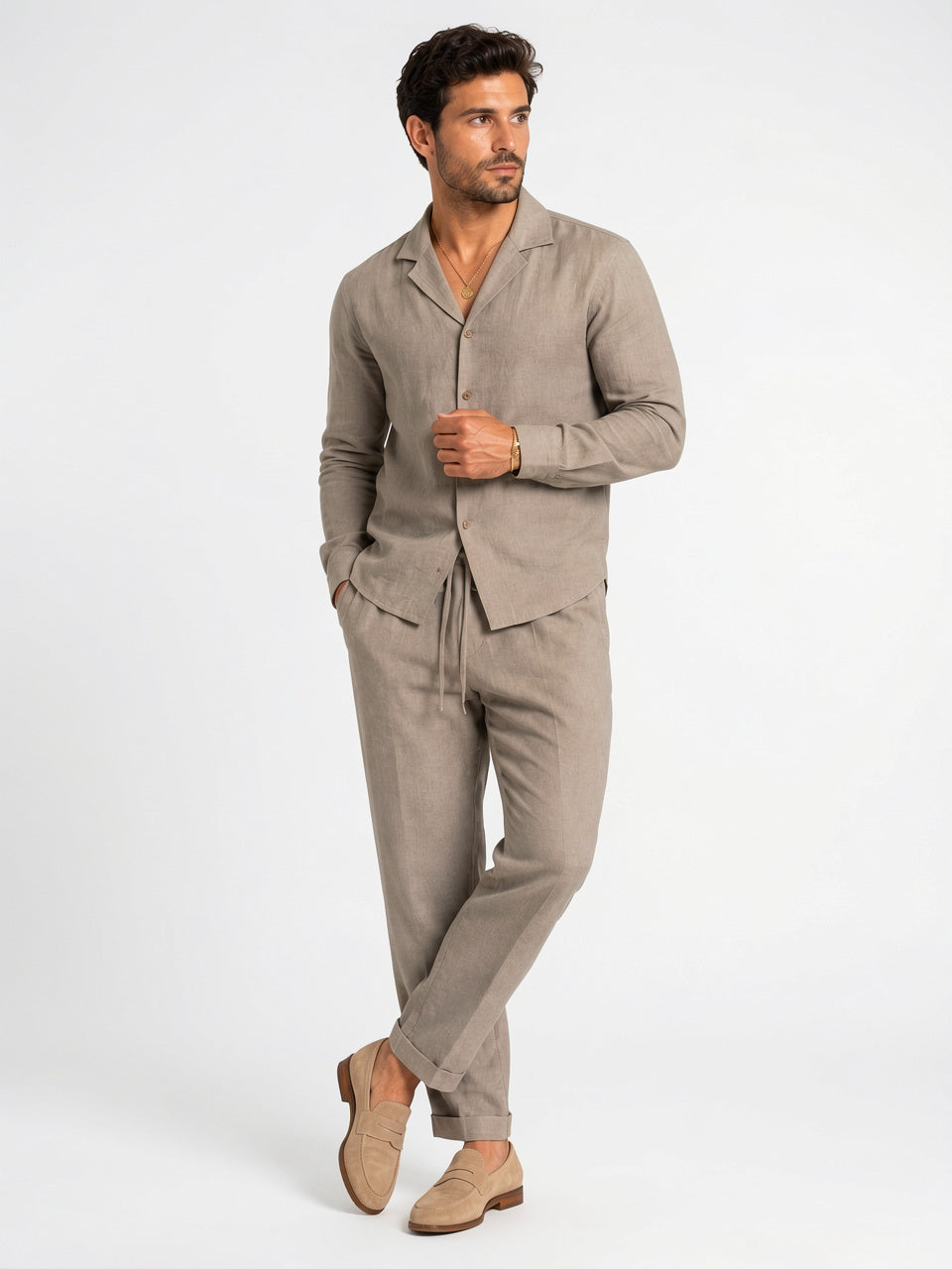 Chemise Pantalon 2 Pièces Lin Décontracté Ensemble Été - Kaki S