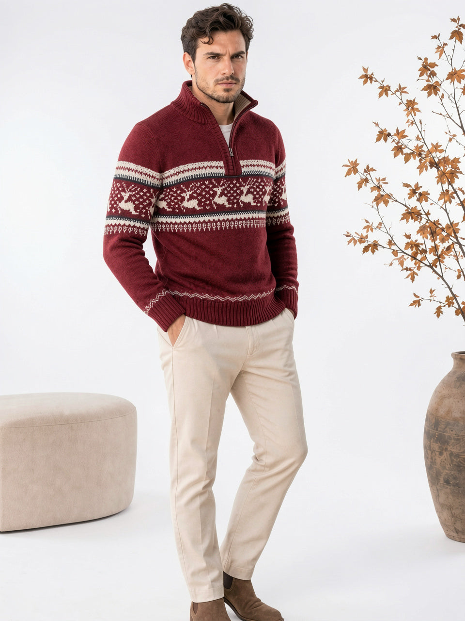 Col Montant Tricot Laine Hiver Homme Pull - Rouge S