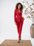 Costume Blazer Double Pantalon Femme Ensemble Bureau Slim - Rouge XS
