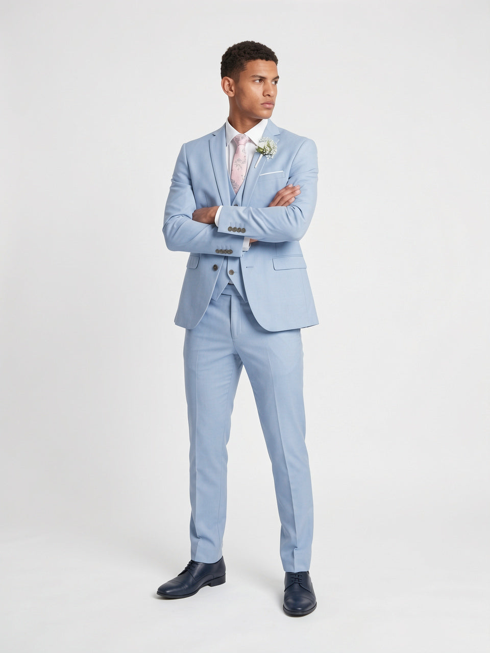 Costume en Lin 3 Pièces Homme Gilet Slim - Bleu Clair M