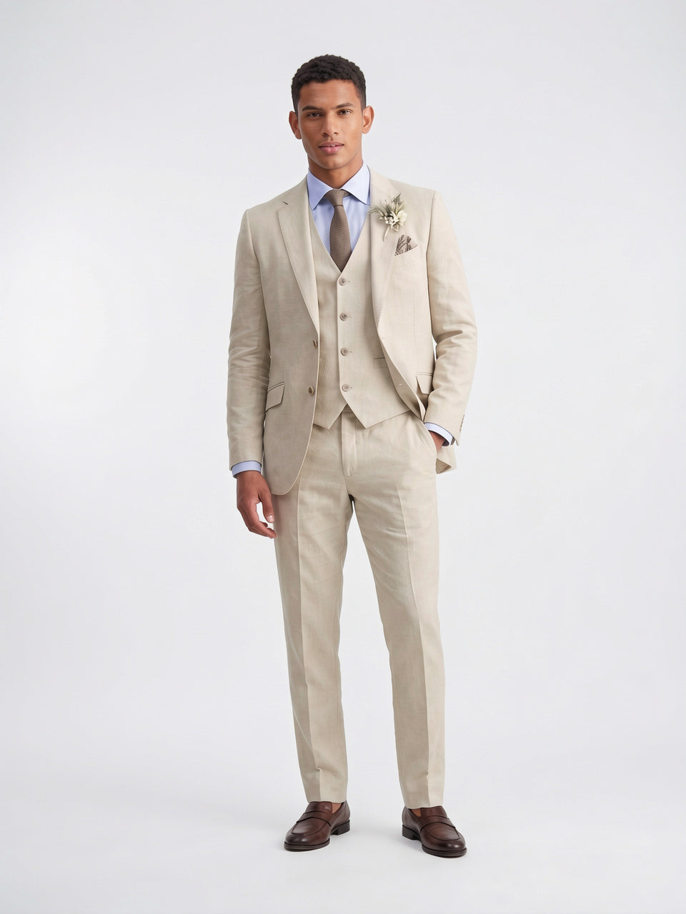Costume Homme 3 Pièces Ajusté Gilet Cérémonie - Beige XS